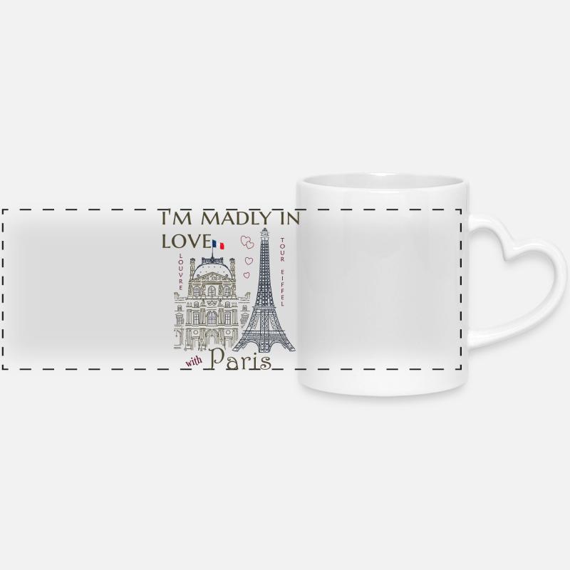 Paris, Louvre et la Tour Eiffel dessinés à la main - Mug panoramique avec anse en forme de cœur - blanc
