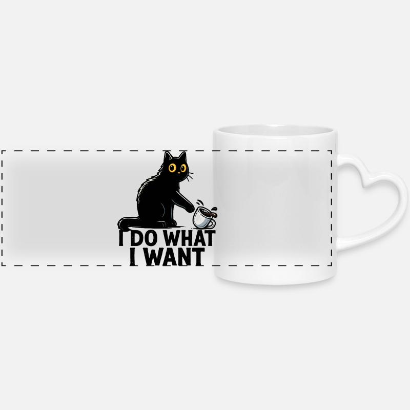 I Do What I Want – Funny Black Cat Coffee Art - Panoramic mug with heart handle - white