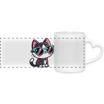 Cat kawaii green glasses - Panoramic mug with heart handle - white - Front