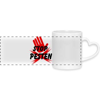 Stoppen Sie das Mobbing von Hand und Kreuzlogo Niederländischer Text - Panoramatasse mit Herzhenkel - Weiß - Vorne