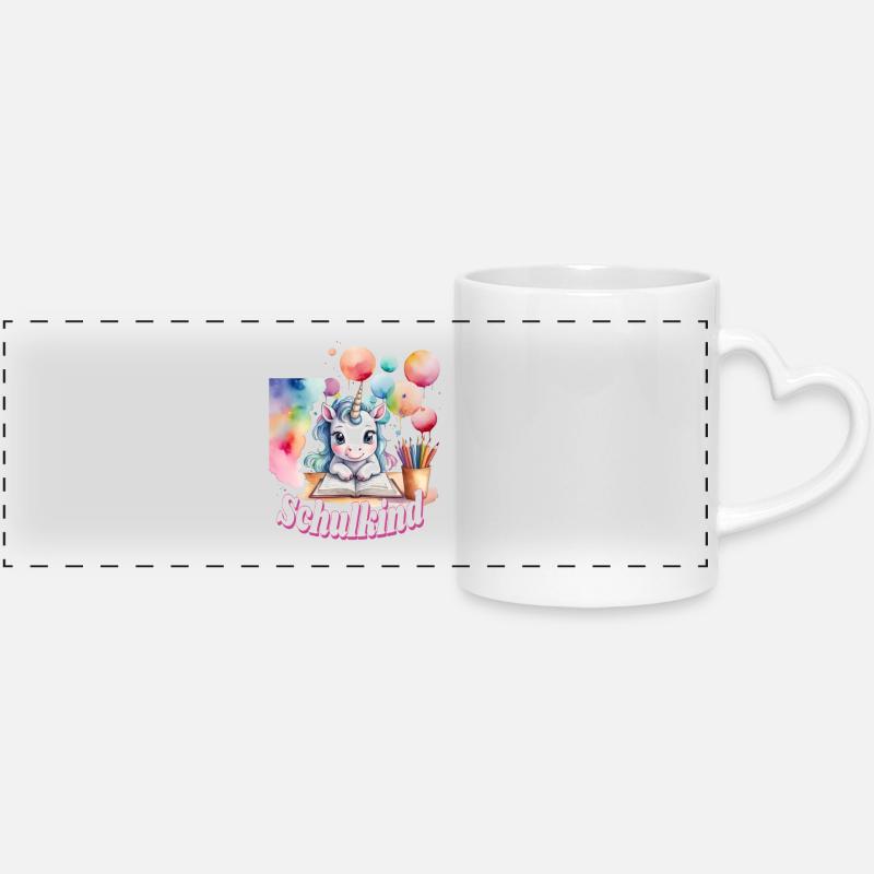 Schoolchild Unicorn Colored Balloons - Panoramic mug with heart handle - white