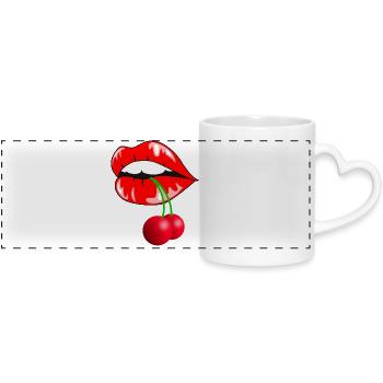 Playful cherries with lip motif - Panoramic mug with heart handle - white - Front