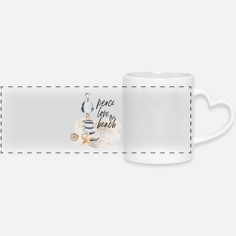 Beach Bird on Stone Stack Watercolors - Panoramic mug with heart handle - white