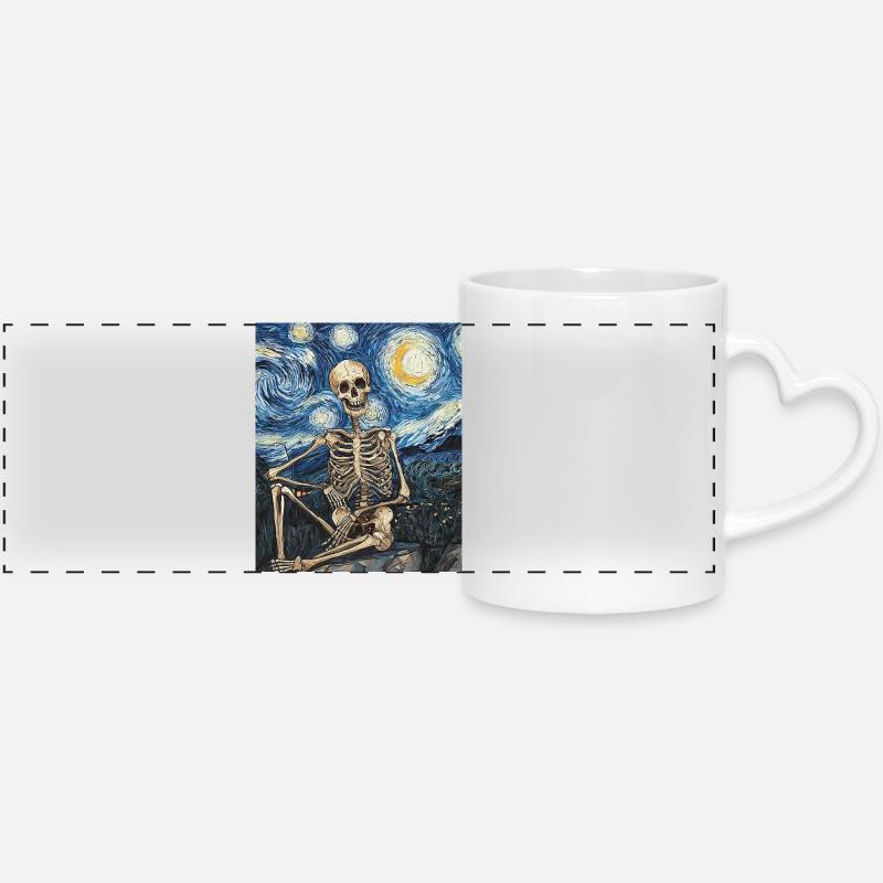 Squelette Halloween Style Van Gogh Nuit étoilée - Mug panoramique avec anse en forme de cœur - blanc