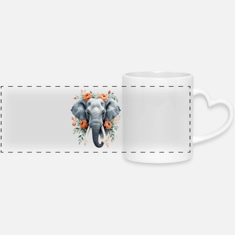 Elephant with flower wreath - Panoramic mug with heart handle - white