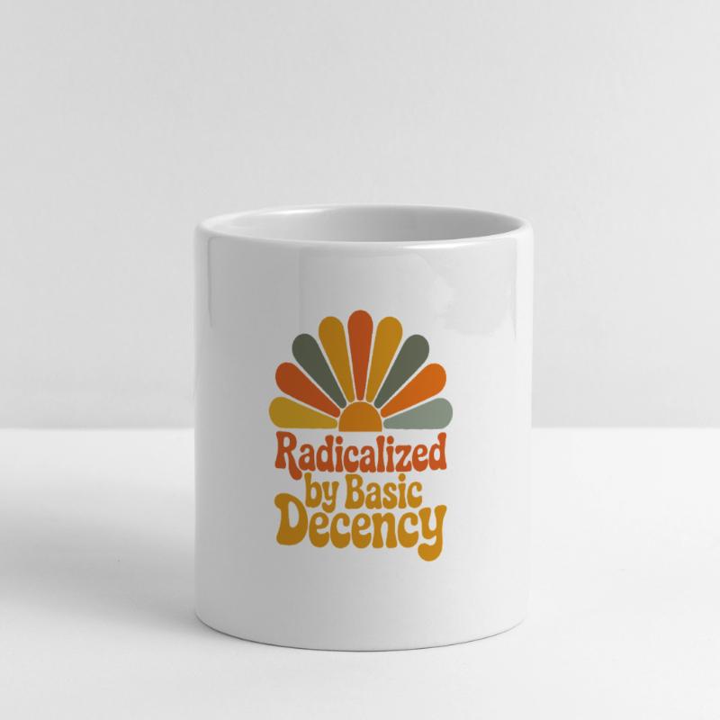 Radicalized by Basic Decency Panoramic mug with heart handle