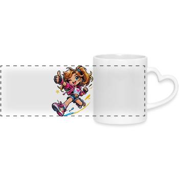 Energetic cartoon heroine in motion - Panoramic mug with heart handle - white - Front