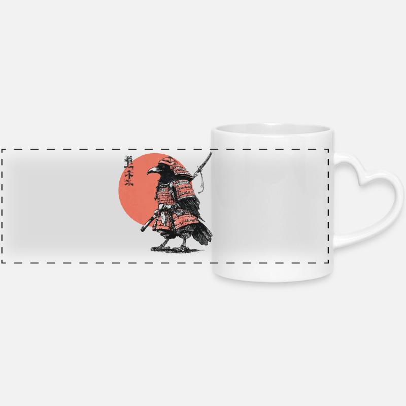 Raven Samurai in Armor Ukiyoe Sunset - Panoramic mug with heart handle - white