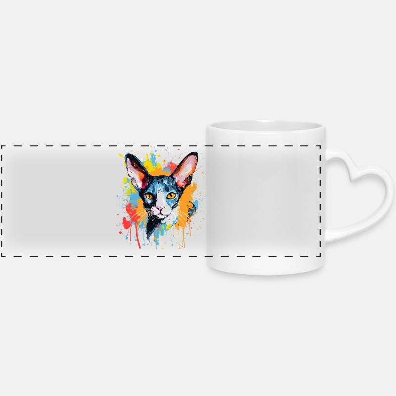 Splash Art Cornish Rex Katzengesicht Farblos - Panoramatasse mit Herzhenkel - Weiß