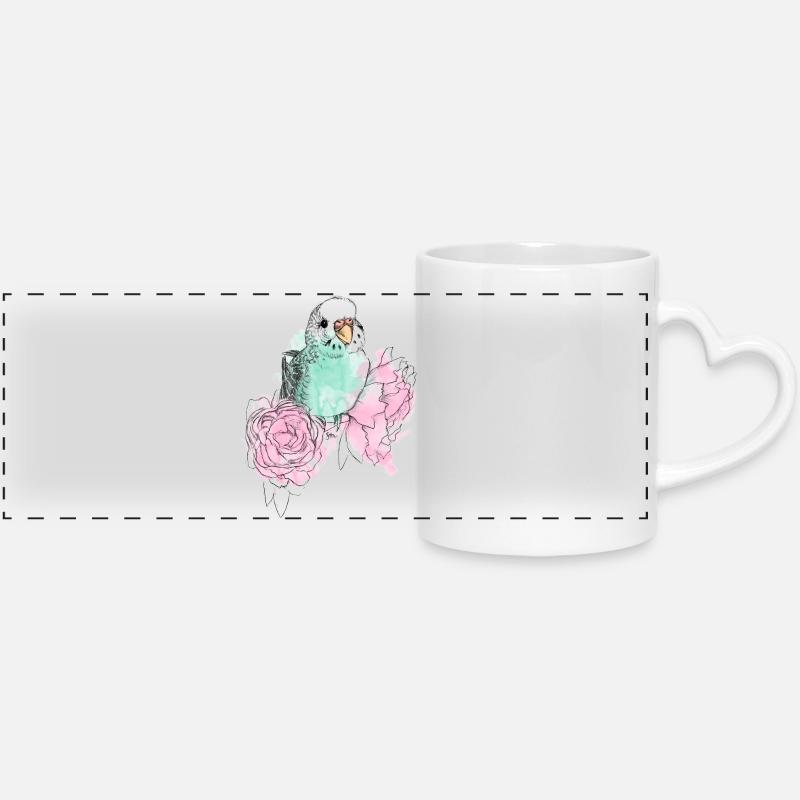 Budgerigars et pivoines - Mug panoramique avec anse en forme de cœur - blanc