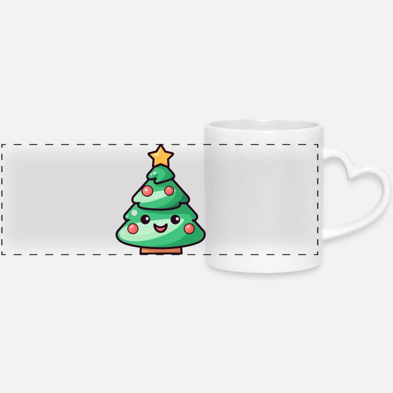 Kawaii Christmas Tree Cartoon Design - Panoramic mug with heart handle - white