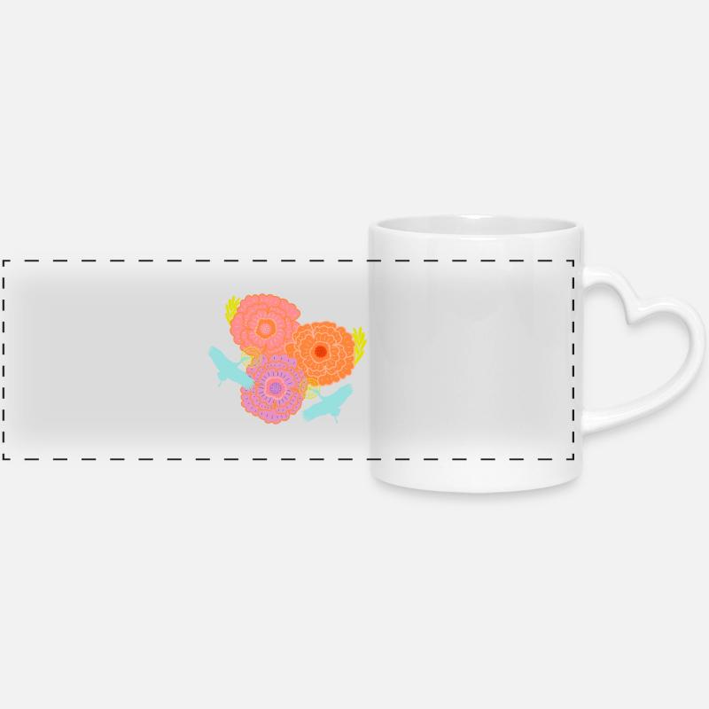 Peony and cranes - Panoramic mug with heart handle - white