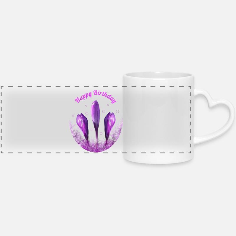 Crocuses Happy Birthday Flowers - Panoramic mug with heart handle - white