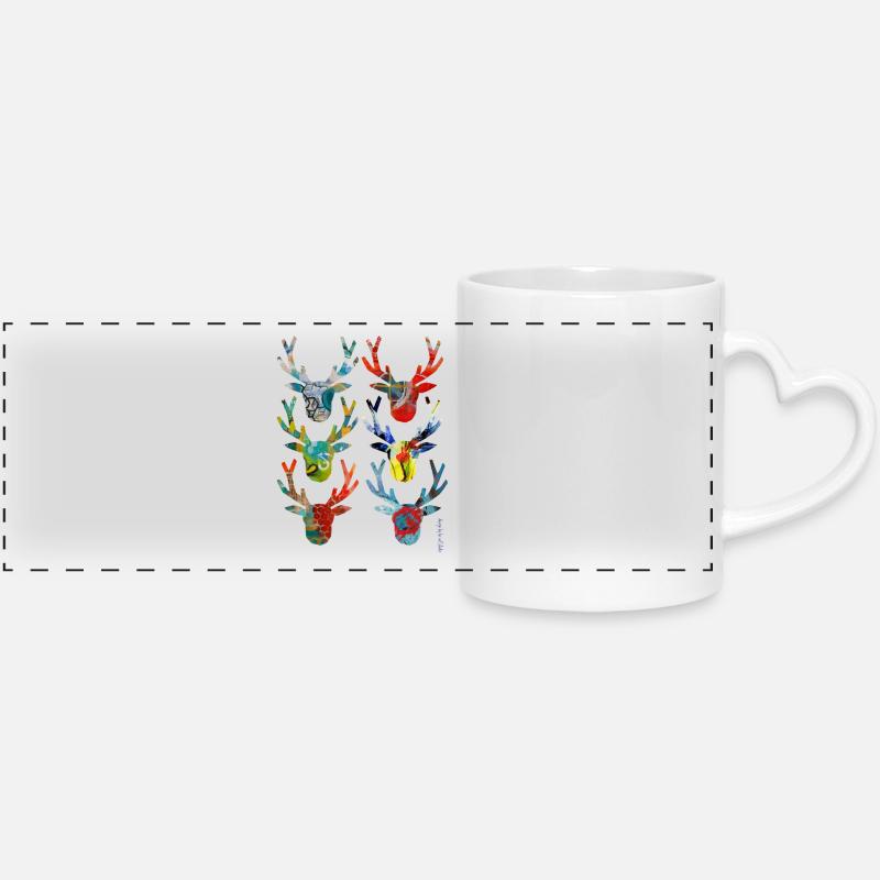 Abstract Colored Deer Heads - Panoramic mug with heart handle - white