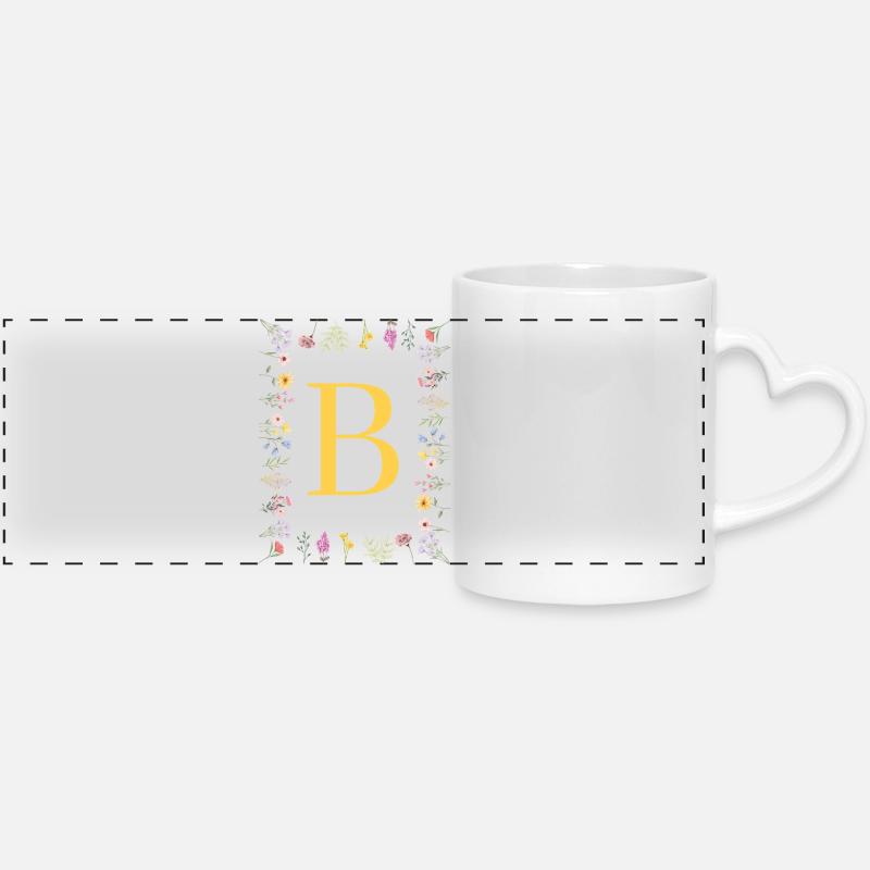 Floral initials "B", letters monogram - Panoramic mug with heart handle - white