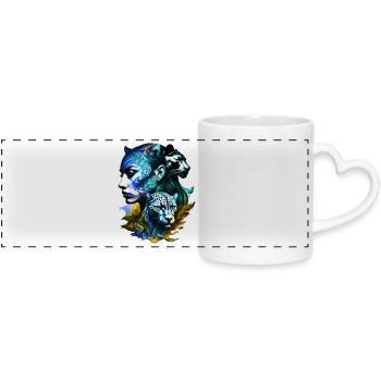 Leopard with a legendary female face - Panoramic mug with heart handle - white - Front