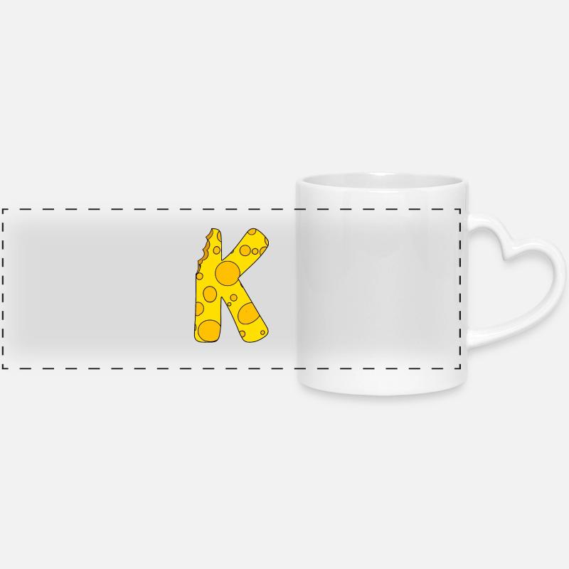 Lettre K - Lettre initiale K - Motif Fromage - Mug panoramique avec anse en forme de cœur - blanc