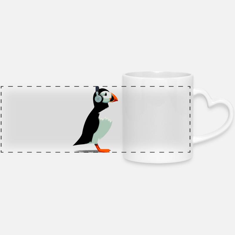 Macareux avec écouteurs - Mug panoramique avec anse en forme de cœur - blanc