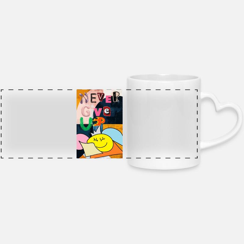 Never give up art poster - Panoramic mug with heart handle - white
