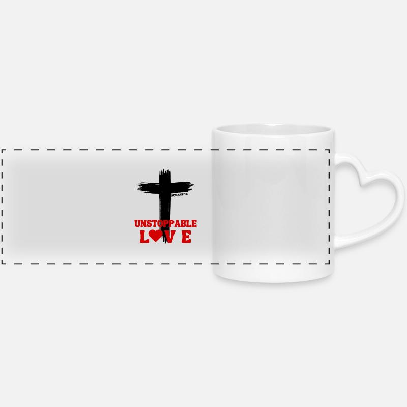 Unstoppable Love – Romans 5:8 - Panoramic mug with heart handle - white