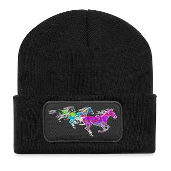 wilde bunte süße Pferde, gezeichnet künstlerisch - Recycelte Patch Beanie - Schwarz - Vorne