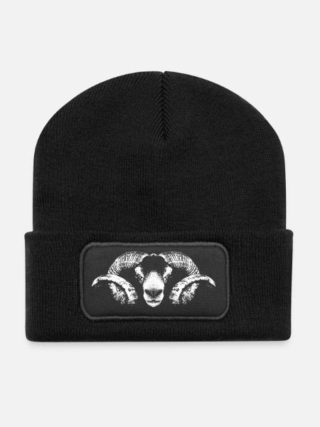 Widder / Portrait / Weiß / Kopf - Recycelte Patch Beanie - Schwarz