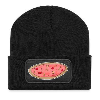 Pizza Motiv Sticker - Recycelte Patch Beanie - Schwarz - Vorne