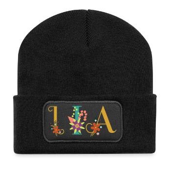 LIA Namenskunst mit gestickten Blumen - Recycelte Patch Beanie - Schwarz - Vorne