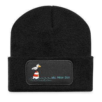 Drollige Möwe Will Meer Zeit - Recycelte Patch Beanie - Schwarz - Vorne