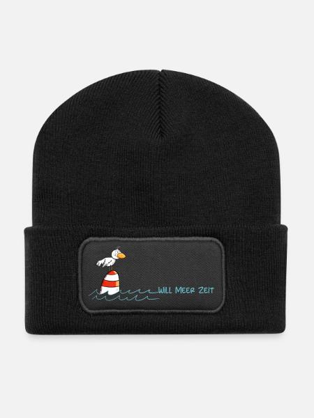 Drollige Möwe Will Meer Zeit - Recycelte Patch Beanie - Schwarz