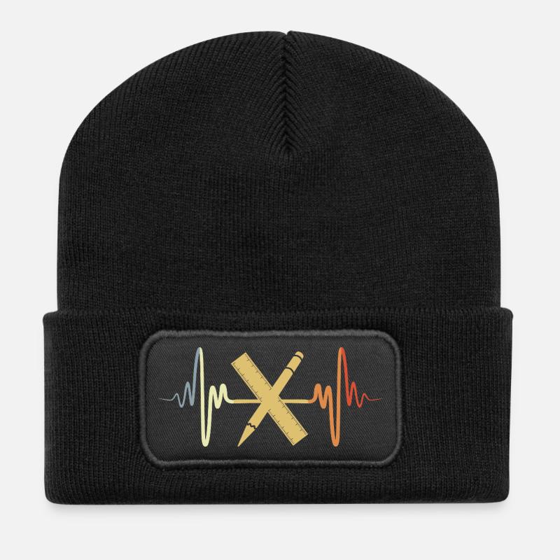 Vintage Lineal Herzschlag - Recycelte Patch Beanie - Schwarz