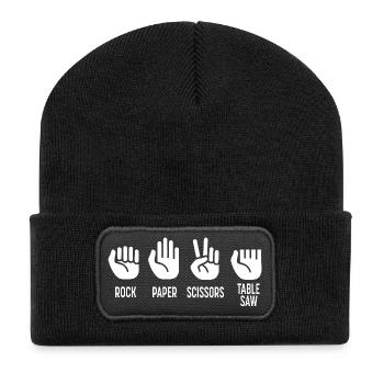 Schere Stein Papier Tischkreissäge Handwerker  - Recycelte Patch Beanie - Schwarz - Vorne