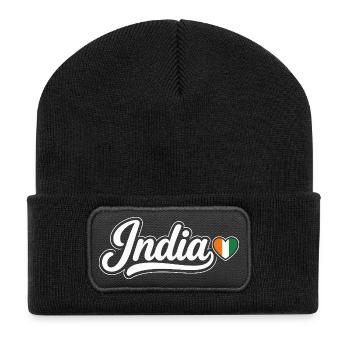 Indien-Schrift mit Flaggenherz Patriotisch - Recycelte Patch Beanie - Schwarz - Vorne