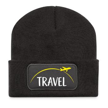 Travel Typo mit Flugzeugkreis - Recycelte Patch Beanie - Dunkelgrau - Vorne
