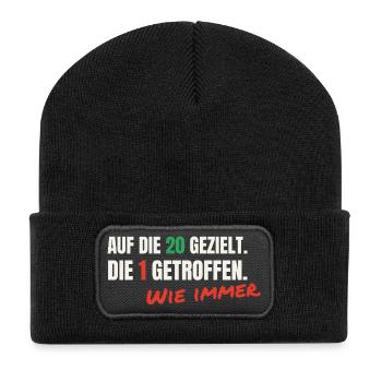 Dart Spruch: Auf die 20 gezielt, 1 getroffen - Recycelte Patch Beanie - Schwarz - Vorne