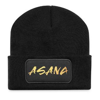Asana Gold Sitz Haltung Yoga Meditation om Namaste - Recycelte Patch Beanie - Schwarz - Vorne