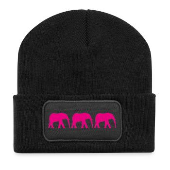 Rosa Elefanten in einem sich wiederholenden Muster - Recycelte Patch Beanie - Schwarz - Vorne