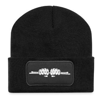 Trommelleben. Hände, die Trommelstöcke halten - Recycelte Patch Beanie - Schwarz - Vorne