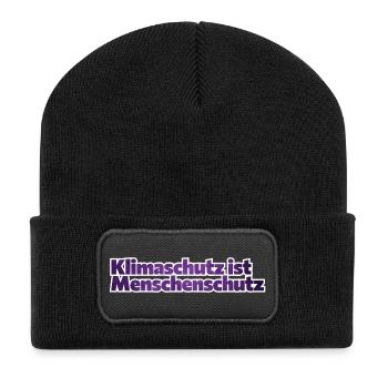 Klimaschutz ist Menschenschutz - Recycelte Patch Beanie - Schwarz - Vorne