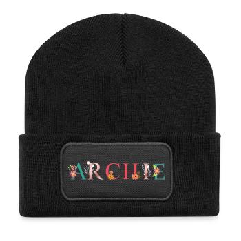 ARCHIE Namenskunst mit gestickten Blumen - Recycelte Patch Beanie - Schwarz - Vorne