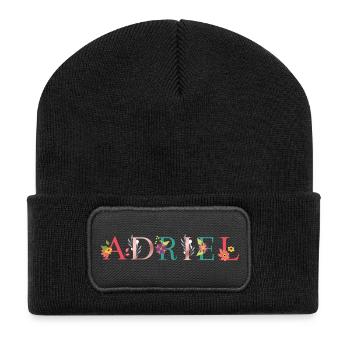 ADRIEL Namenskunst mit Blumen bestickt - Recycelte Patch Beanie - Schwarz - Vorne