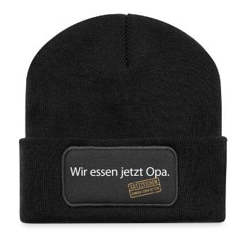Wir essen jetzt Opa Satzzeichen Grammatik Sprache - Recycelte Patch Beanie - Schwarz - Vorne