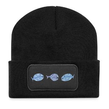 Scribblefisch Blau Muster Kulifisch - Recycelte Patch Beanie - Schwarz - Vorne