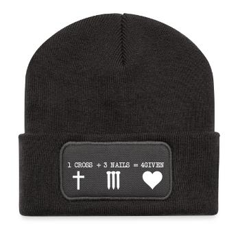 1 CROSS + 3 NAILS + 4GIVEN Christliches Geschenk - Recycelte Patch Beanie - Dunkelgrau - Vorne
