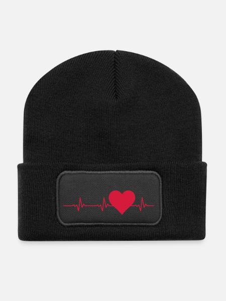 Liebe - Herz Puls - Recycelte Patch Beanie - Schwarz