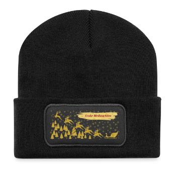 Goldfarben Rentiere Schlitten Frohe Weihnachten - Recycelte Patch Beanie - Schwarz - Vorne