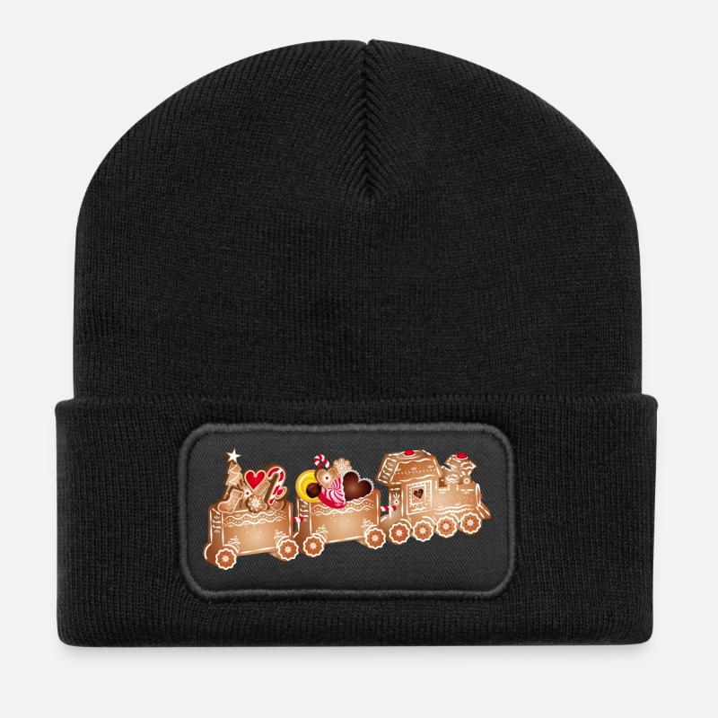 zauberhafte 3D Lebkuchen Eisenbahn für Weihnachten - Recycelte Patch Beanie - Schwarz