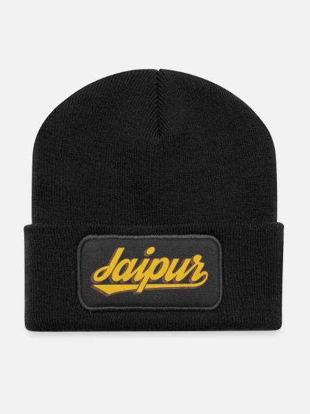 Jaipur Schriftzug Retro Grafik Indien - Recycelte Patch Beanie - Schwarz