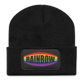 Rainbow Schriftzug Pochette - Recycelte Patch Beanie - Schwarz - Vorne