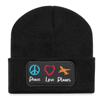 Frieden Liebe Flugzeuge - Recycelte Patch Beanie - Schwarz - Vorne